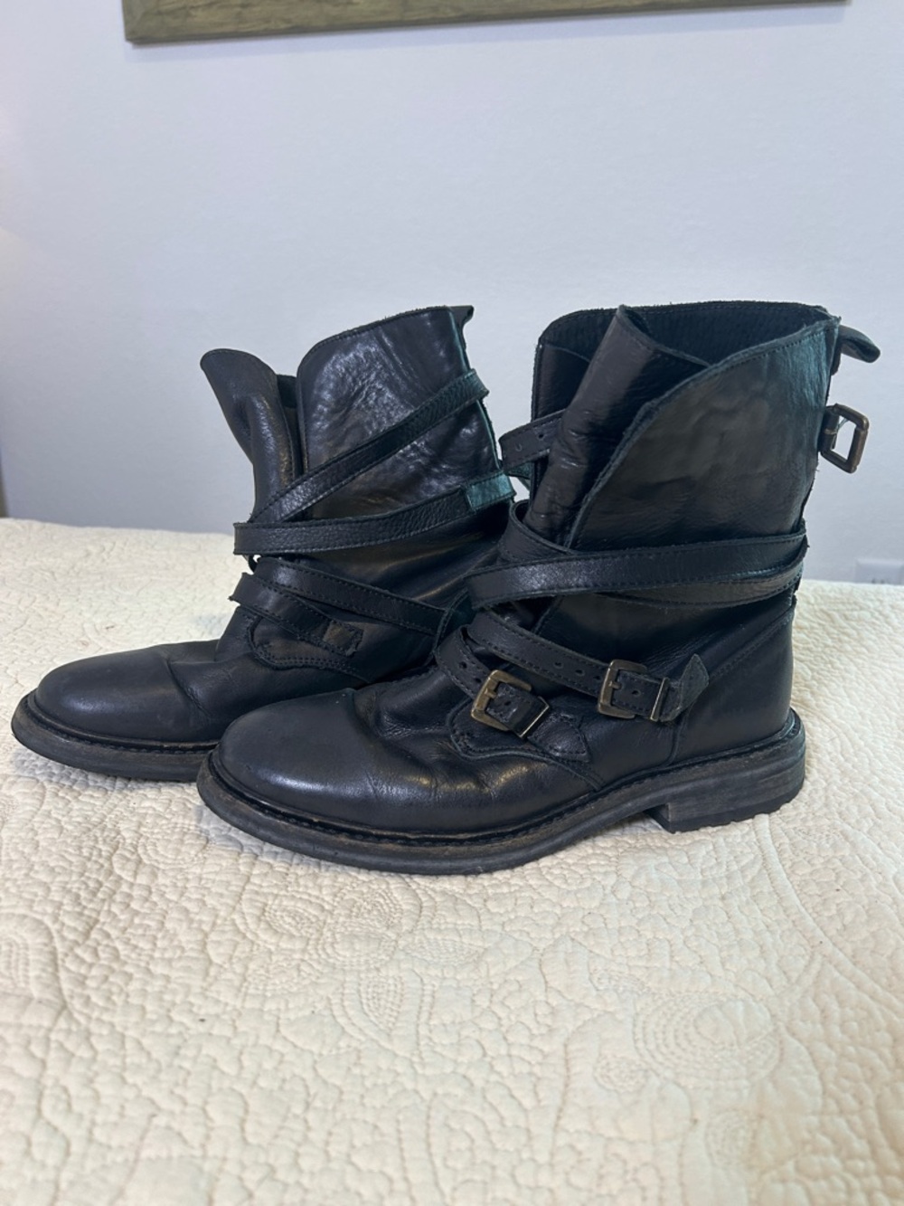 Topshop Women's Black Leather Moto Ankle Boots with Wrap Straps